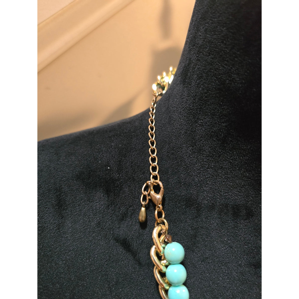 Women's Turquoise Bead Necklace Gold Chain Tusk Pendant Statement Chunky Bib