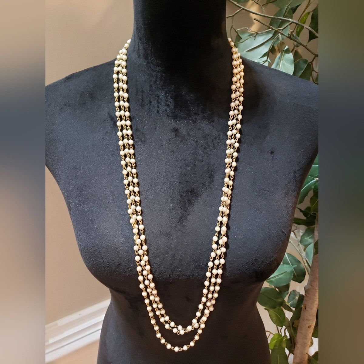 Womens 3 Strand Gold Plated Wire Rosary Beaded Chain Necklace with Lobster Clasp