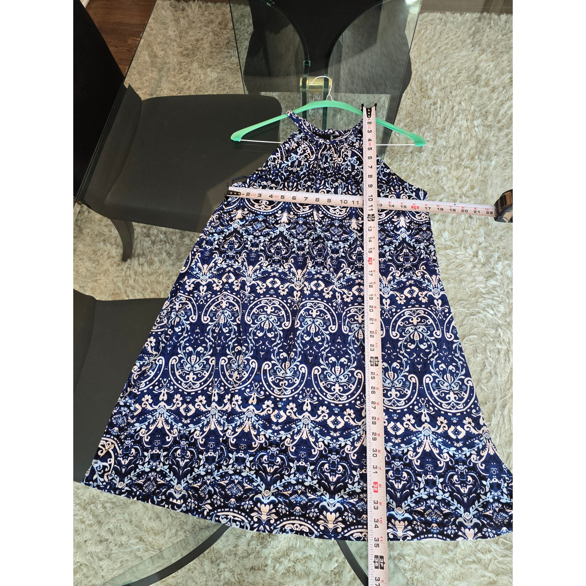 Jones New York A-Line Dress Women's Medium Blue Damask Halter Neck Shelf Bra