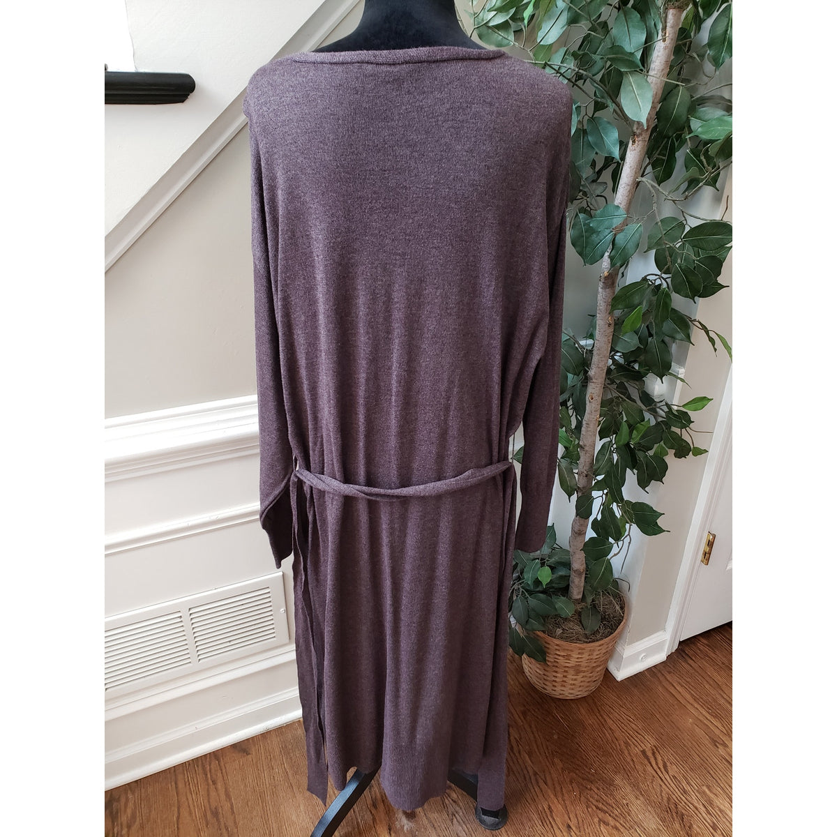 Terra & Sky Maxi Dress Womens 2X Brown Deep Neck Tie Waist Raglan Sleeve & Hem
