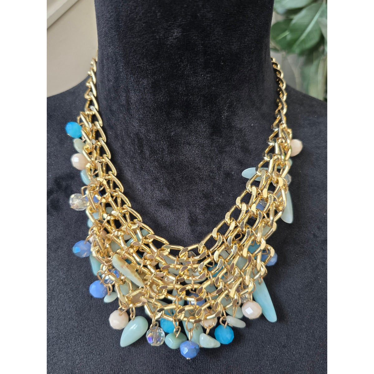Turquoise Gold Multi Strand Beaded Statement Necklace