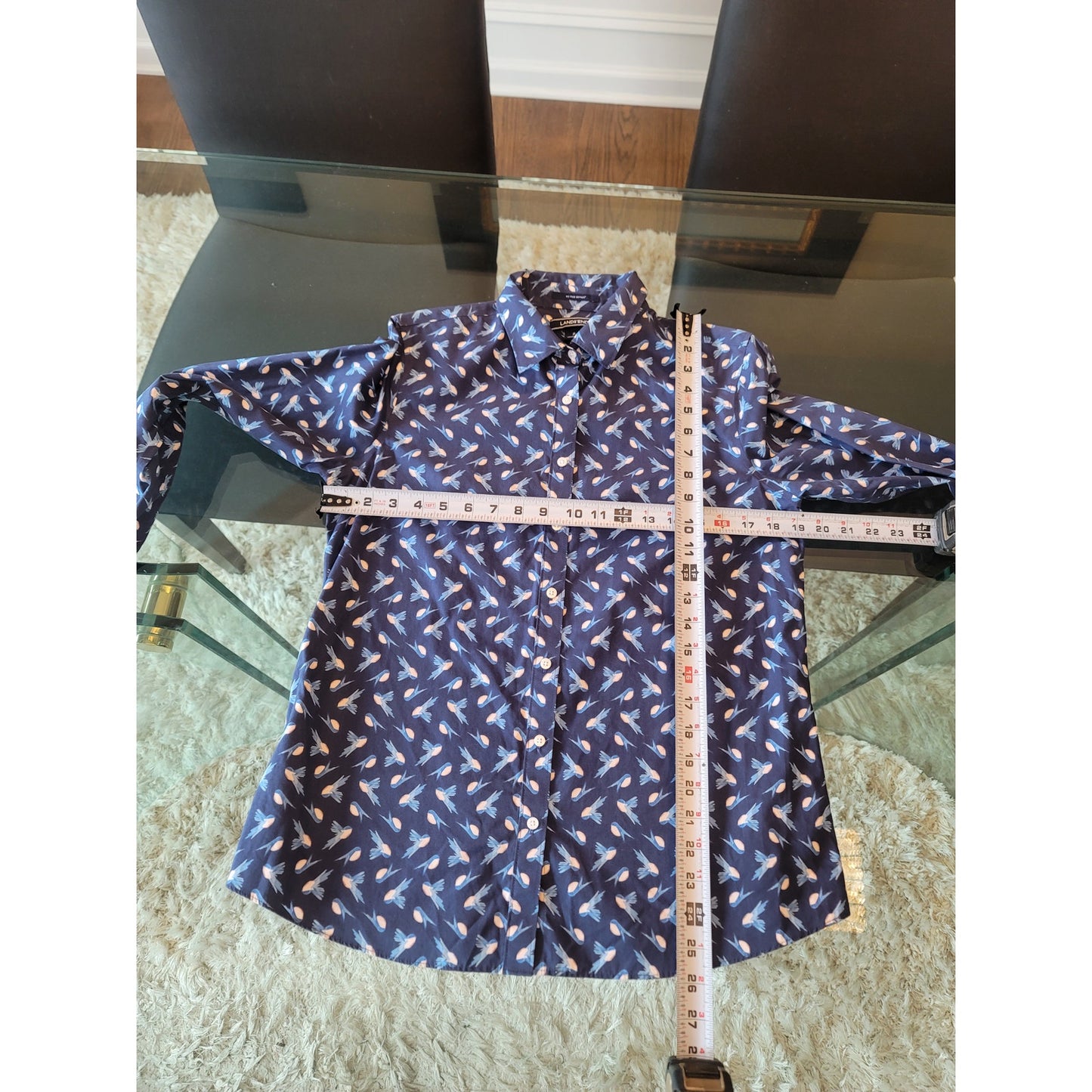 Lands End Shirt Women's Size 8 Blue Bird Print Long Sleeve Supima Cotton No Iron