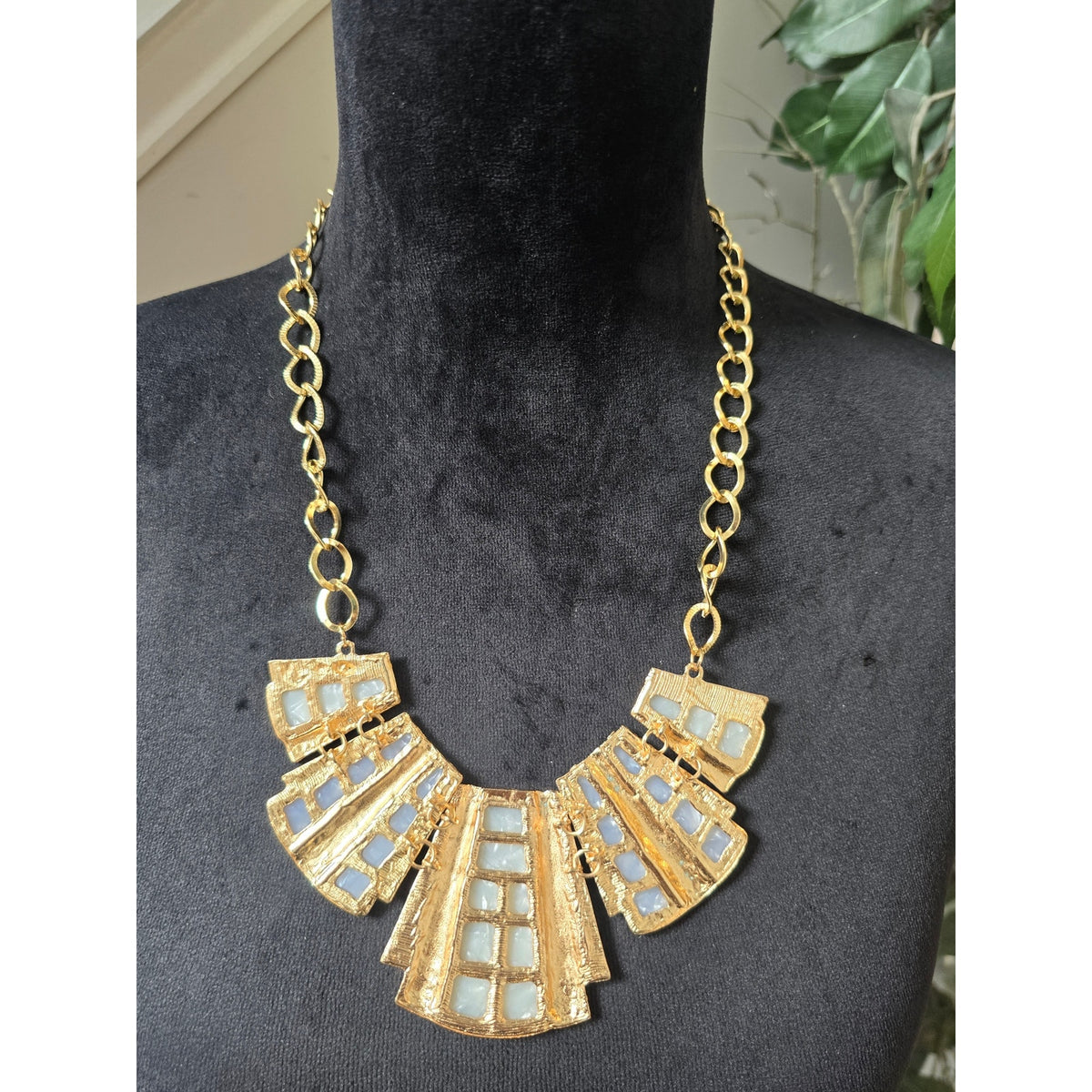 Gold Tone Cream White Enamel Geometric Fan Art Deco Collar Necklace