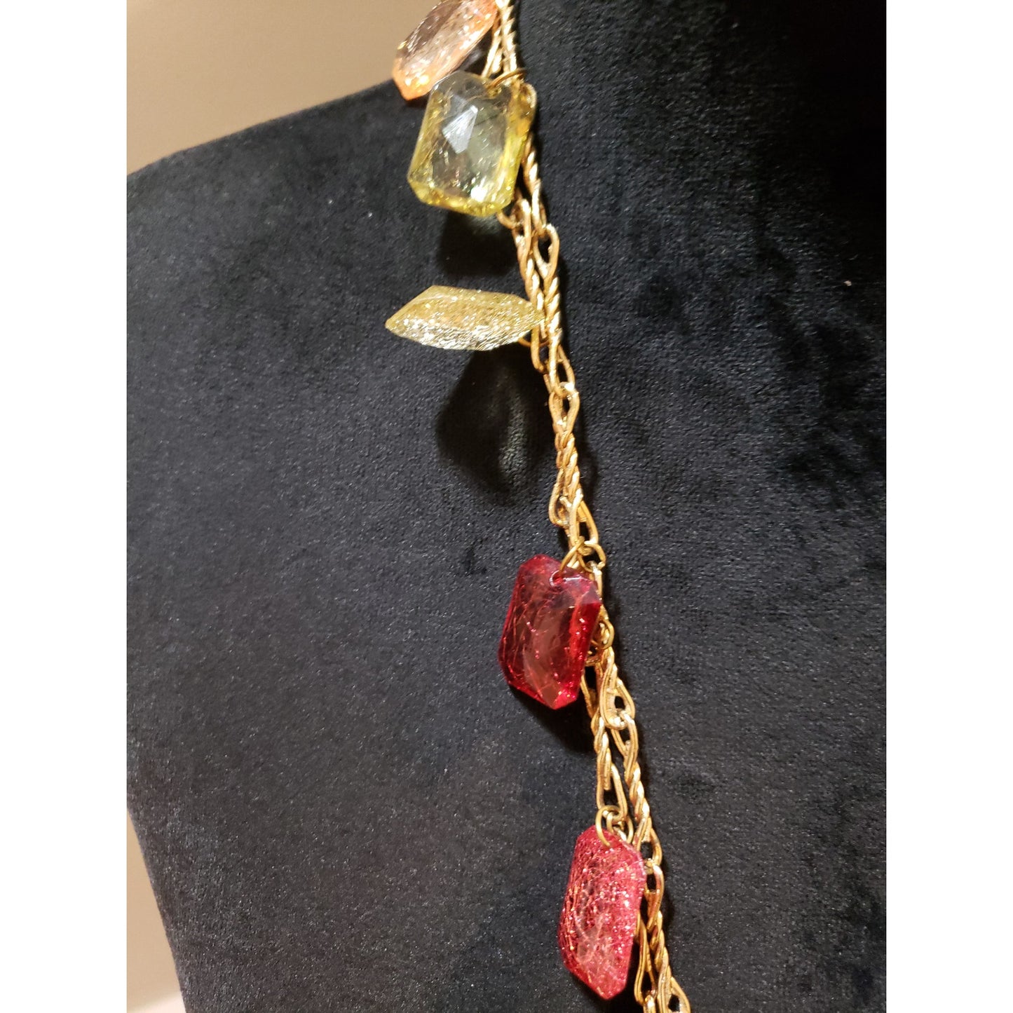Womens Vintage Two Strands Golden with Emerald Cut Charms Necklace