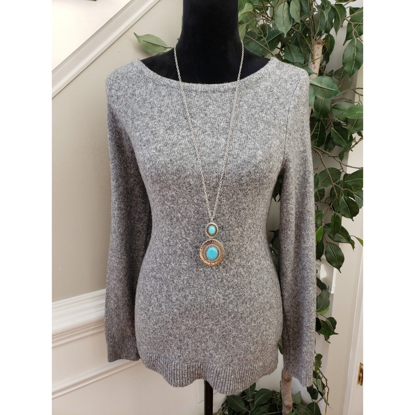 Loft Gray Solid Cotton Open Back Twist Crew Neck Long Sleeve Sweater Size Small