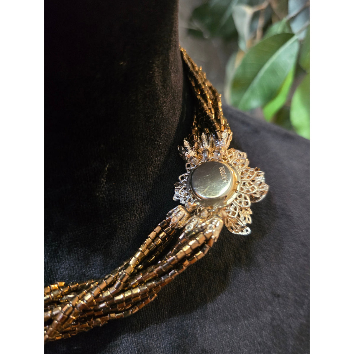 Women's Gold Tone Multi Strand Beaded Necklace Floral Rhinestone Magnet Accent
