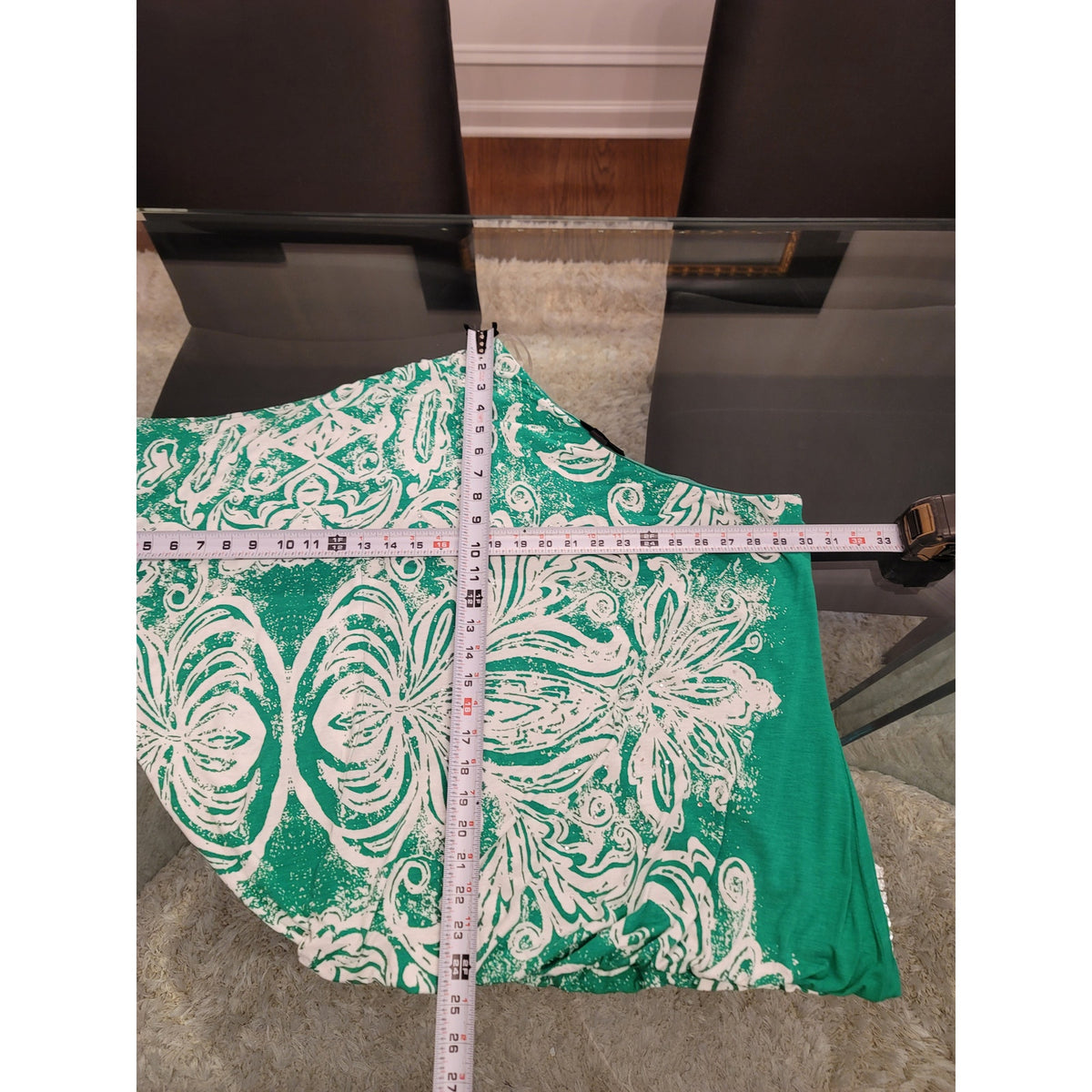 INC Blouse Top Women's Large Green/White Paisley Rhinestone One Shoulder Sleeve
