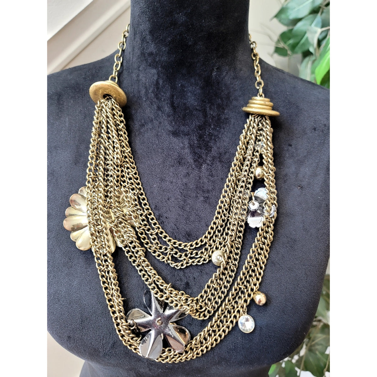 Gold Tone Multi-Chain Floral Statement Necklace Crystal Charm Layered Bib