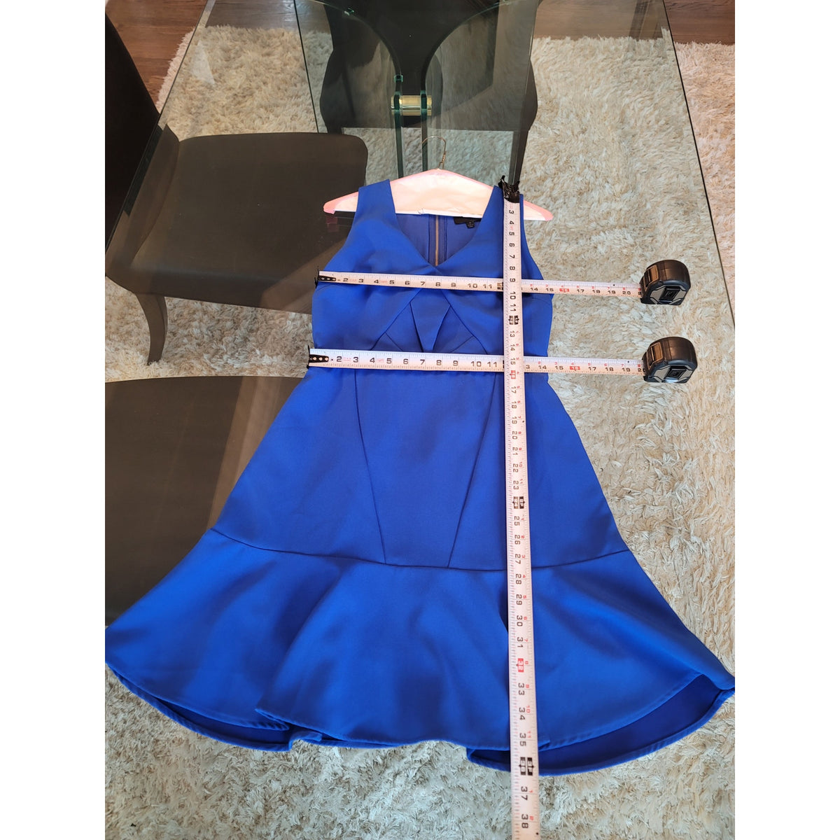 Aryn K Sleeveless Dress Women Medium Blue Fit Flare Ruffle Hem Cocktail Party