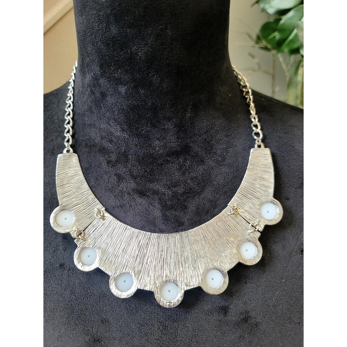 Silver Tone Pearl Cabochon Bib Statement Necklace Modern