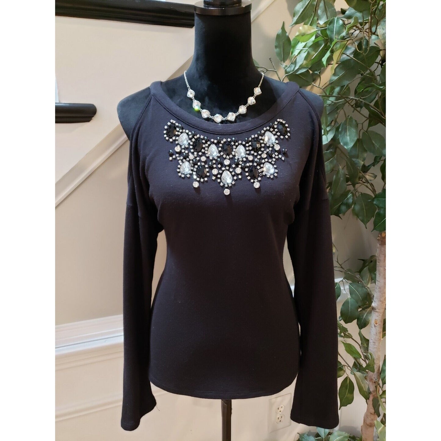 I.N.C. International Concepts Black Rhinestone Cold Shoulder Sweater Small