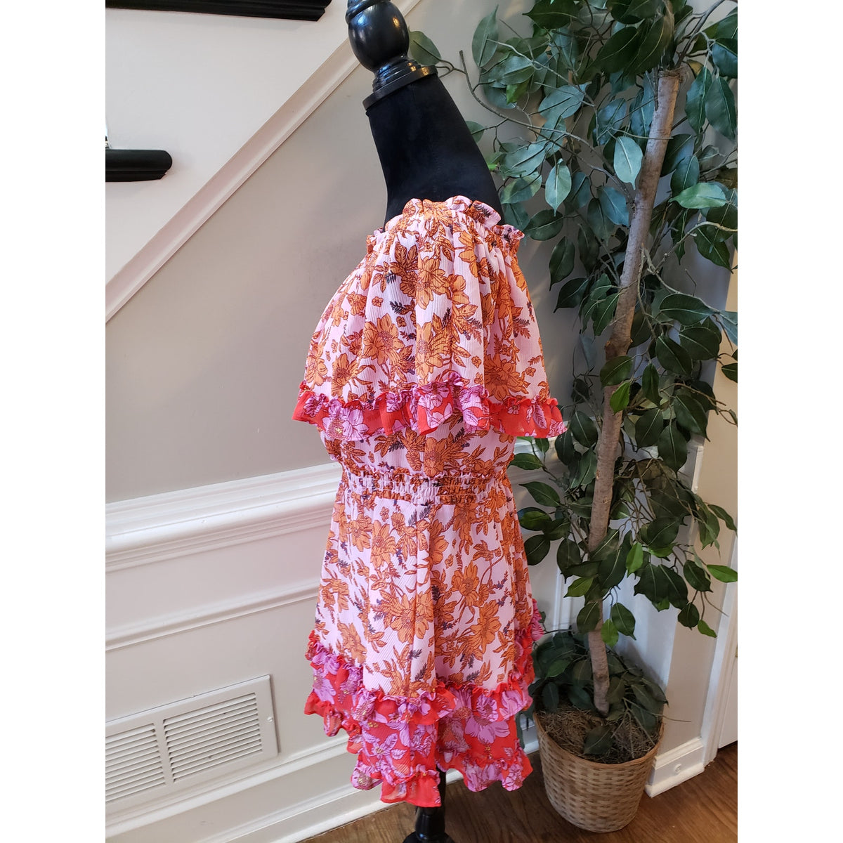Jessica Simpson Mini Dress Women M Pink Orange Floral Ruffle Off The Shoulder