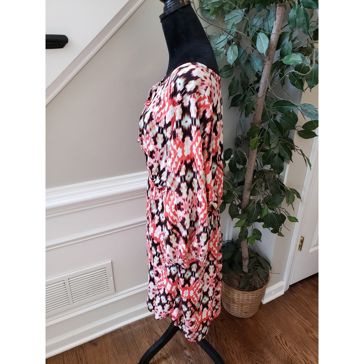 Uibar Rose Fit & Flare Dress Women's Size 2X Orange Beige Scoop Neck Long Sleeve