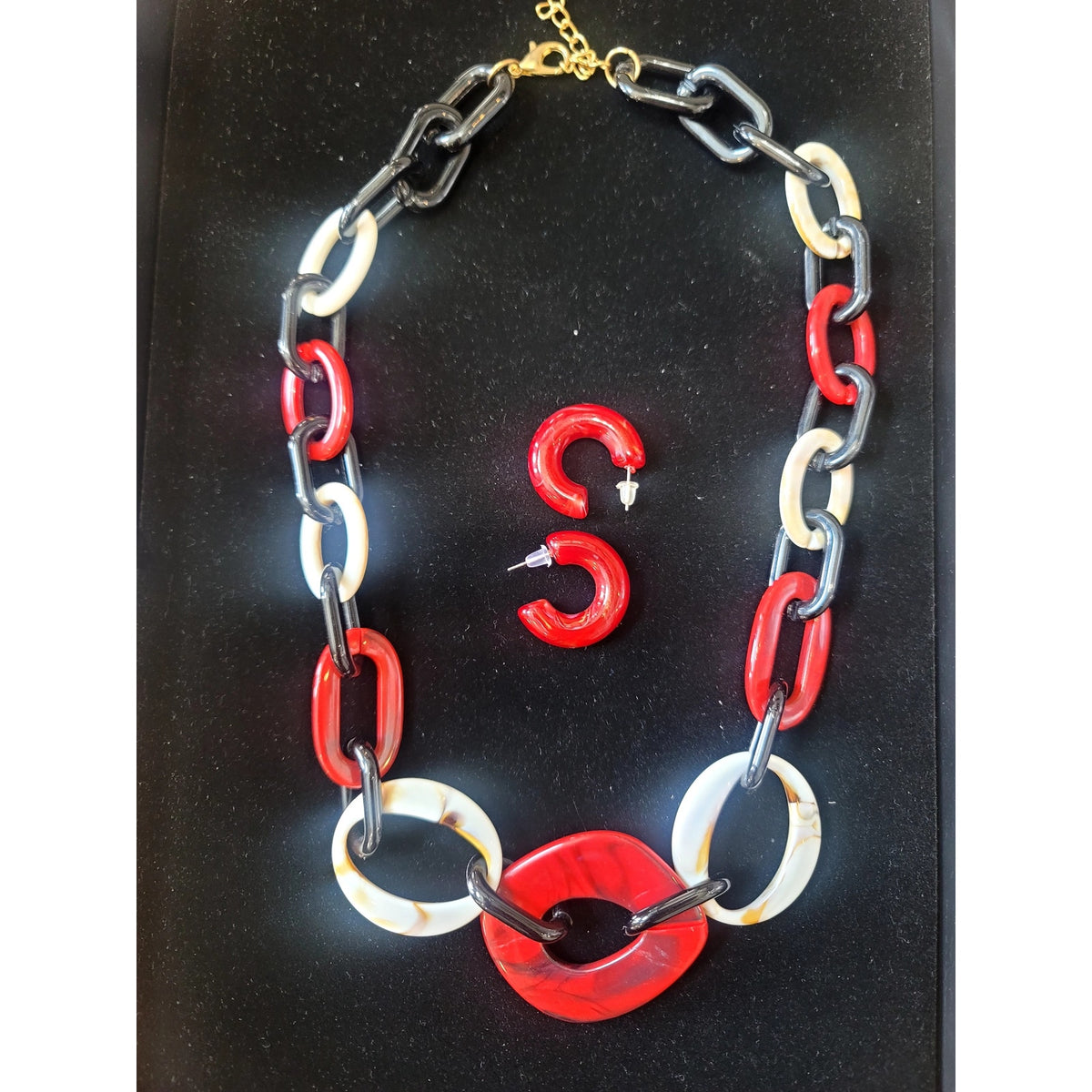 Chunky Resin Link Necklace & Hoop Earrings Set Red Black White Statement Boho