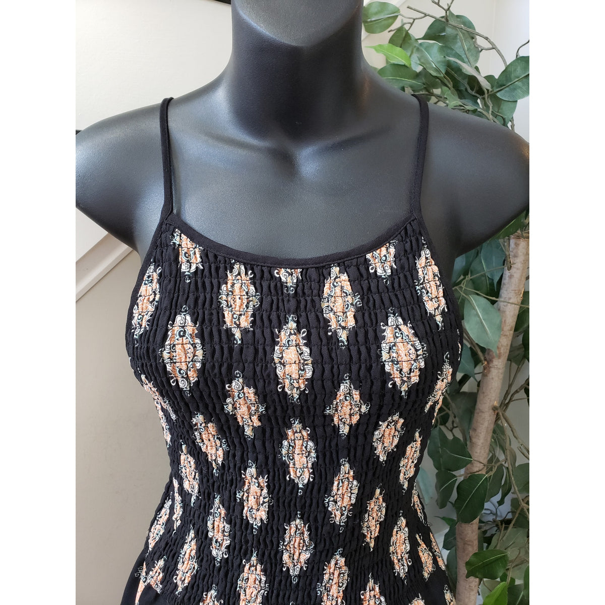 Womens A Line Dress Black Printed Smocked Sleeveless Spaghetti Straps Pleated S