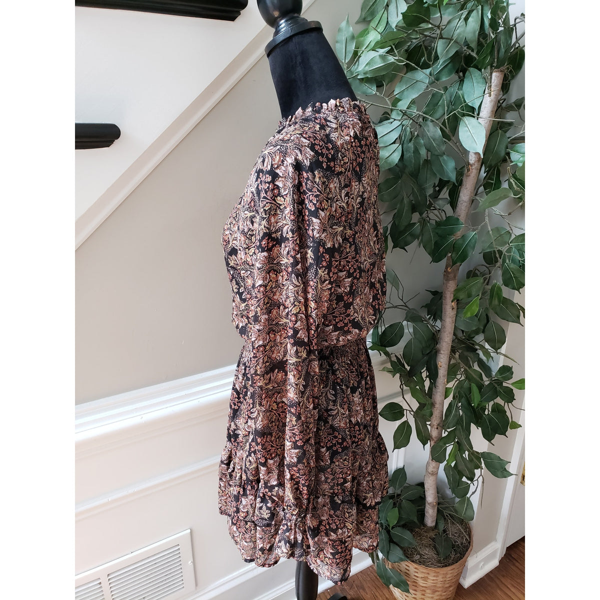 VICI Mini Dress Womens XS Multi Floral Polyester Lined Smocked Waist Mock Neck