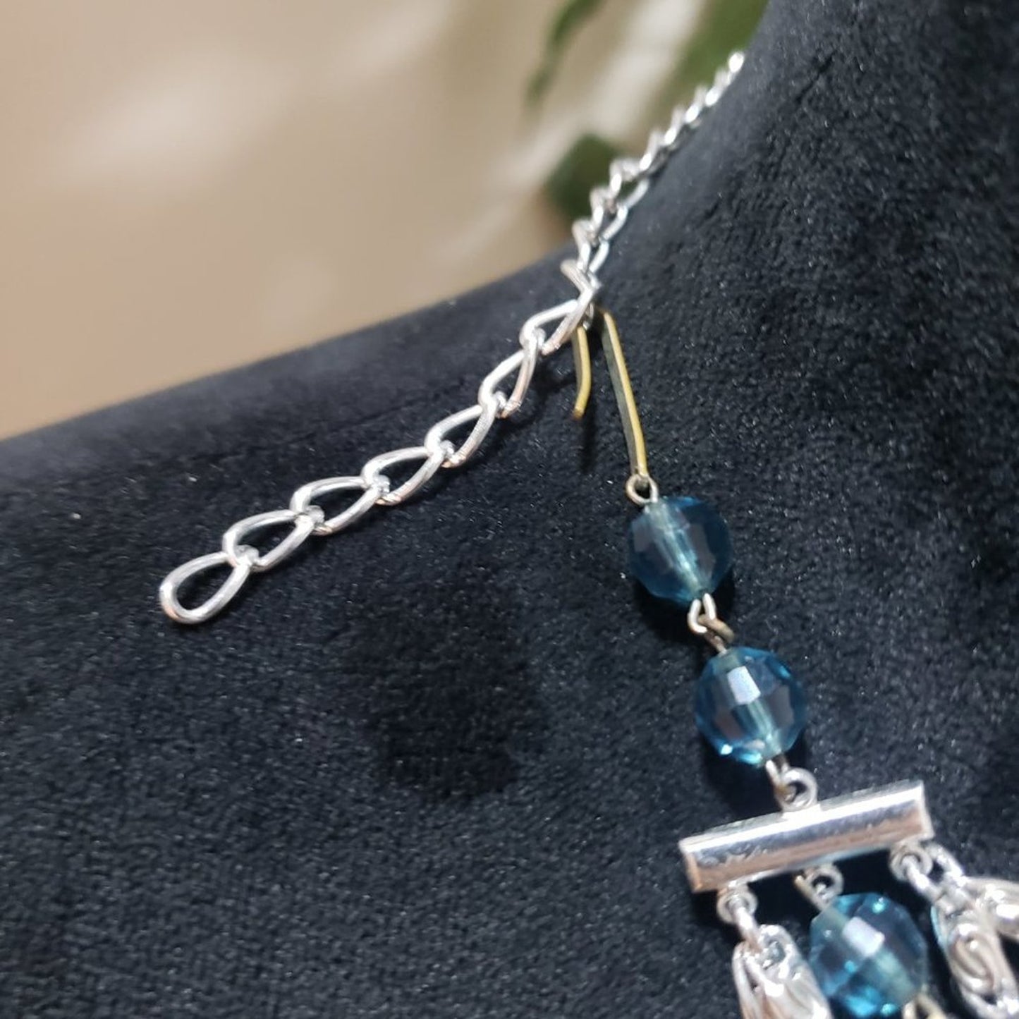 Womens Bohemian Multi Strand Faux Pearl Blue Beaded Silver Tone Chain Necklace