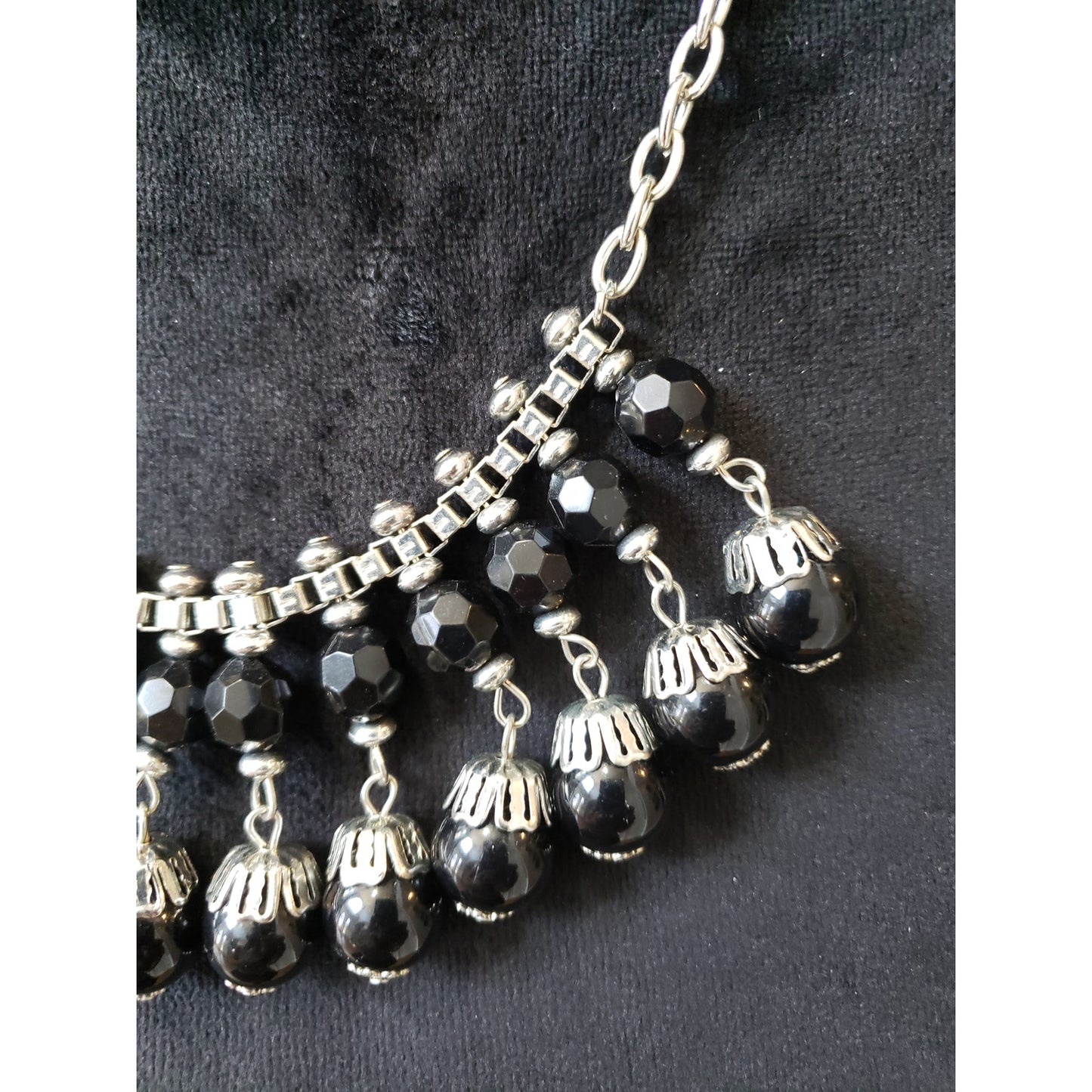 Vintage Black Beaded Necklace Silver Tone Statement with Faceted Drops