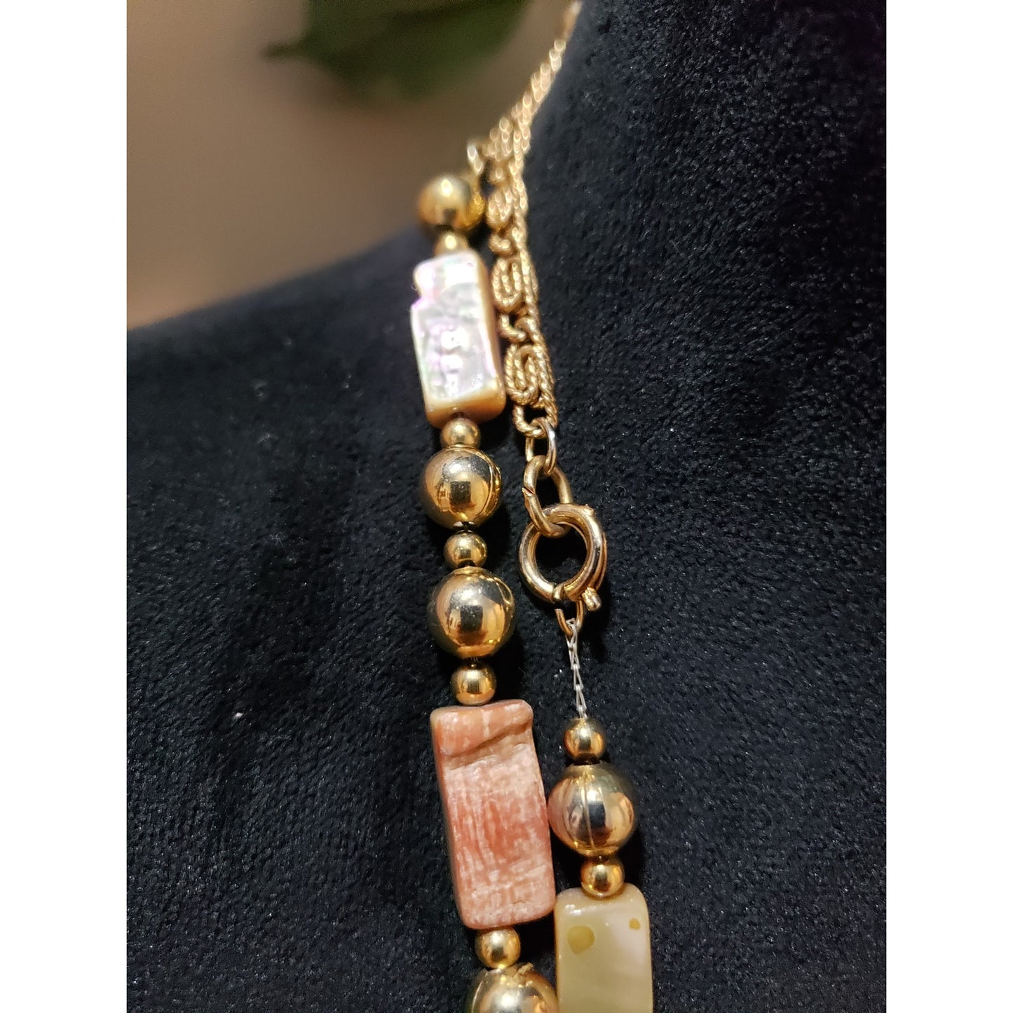 Womens 2 Strand Gold Tone Abalone Stone Metal Beads Paperclip Chain Necklace