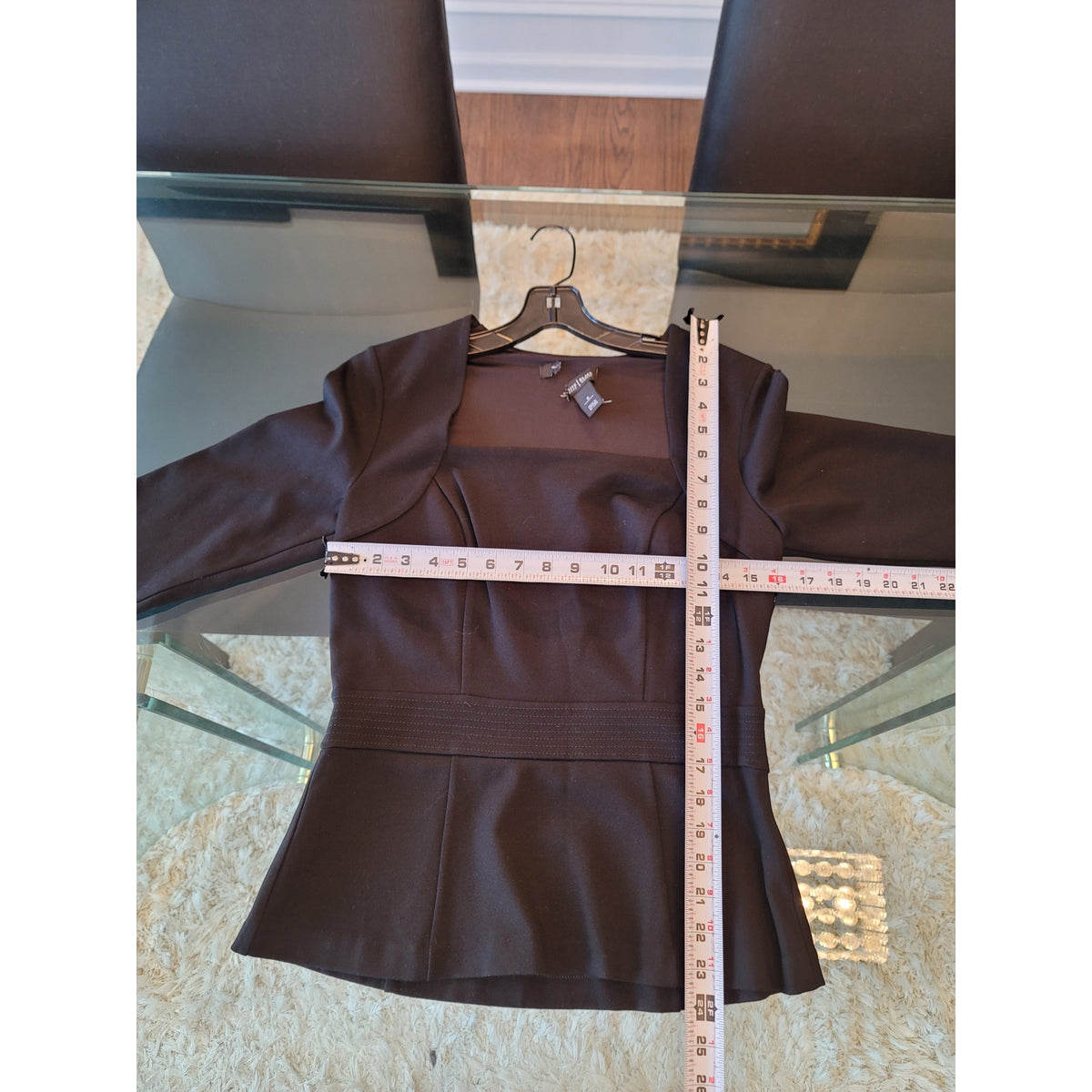 White House Black Market Peplum Top S Black Stretch Square 3/4 Sleeve Pullover