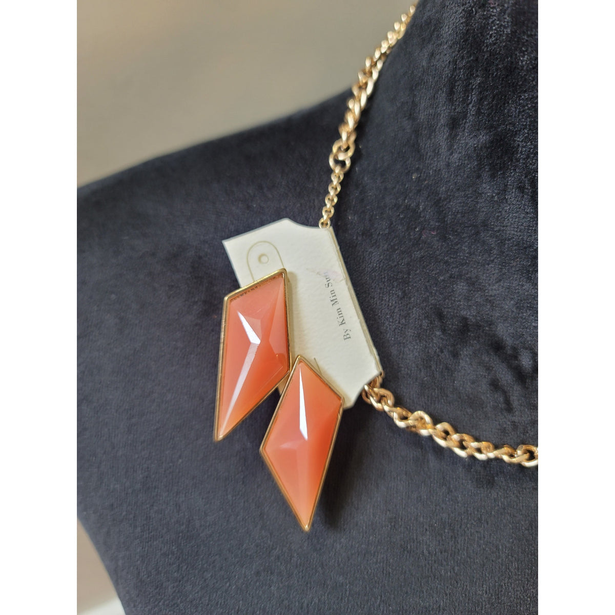 Women's Bold Orange Geometric Statement Necklace On Gold Chain With Faceted Bead