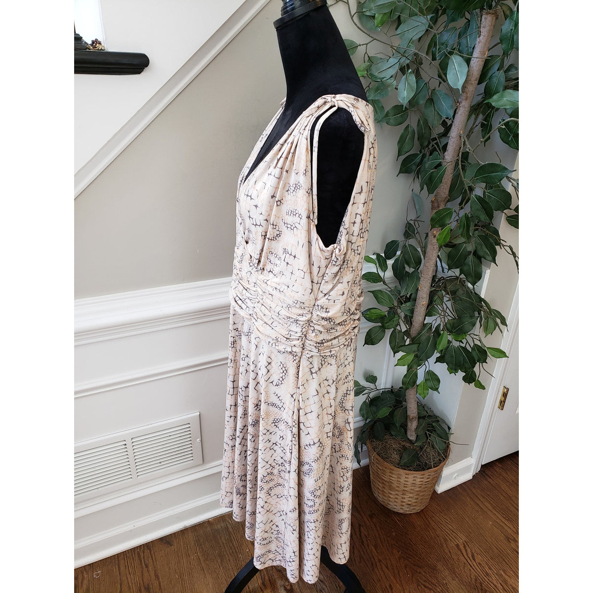 AA Studio AA Shift Dress Women 18W Beige Wrap V Neck Empire Waist Tie Shoulder