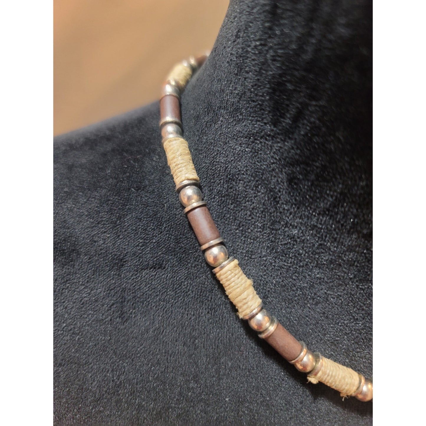 Women's Handmade Beaded Necklace With Wooden Tubes Rope Accents And Lobster Lock