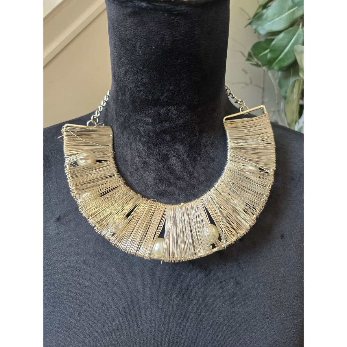 Silver Tone Woven Fan Bib Necklace with Faux Pearl Accents