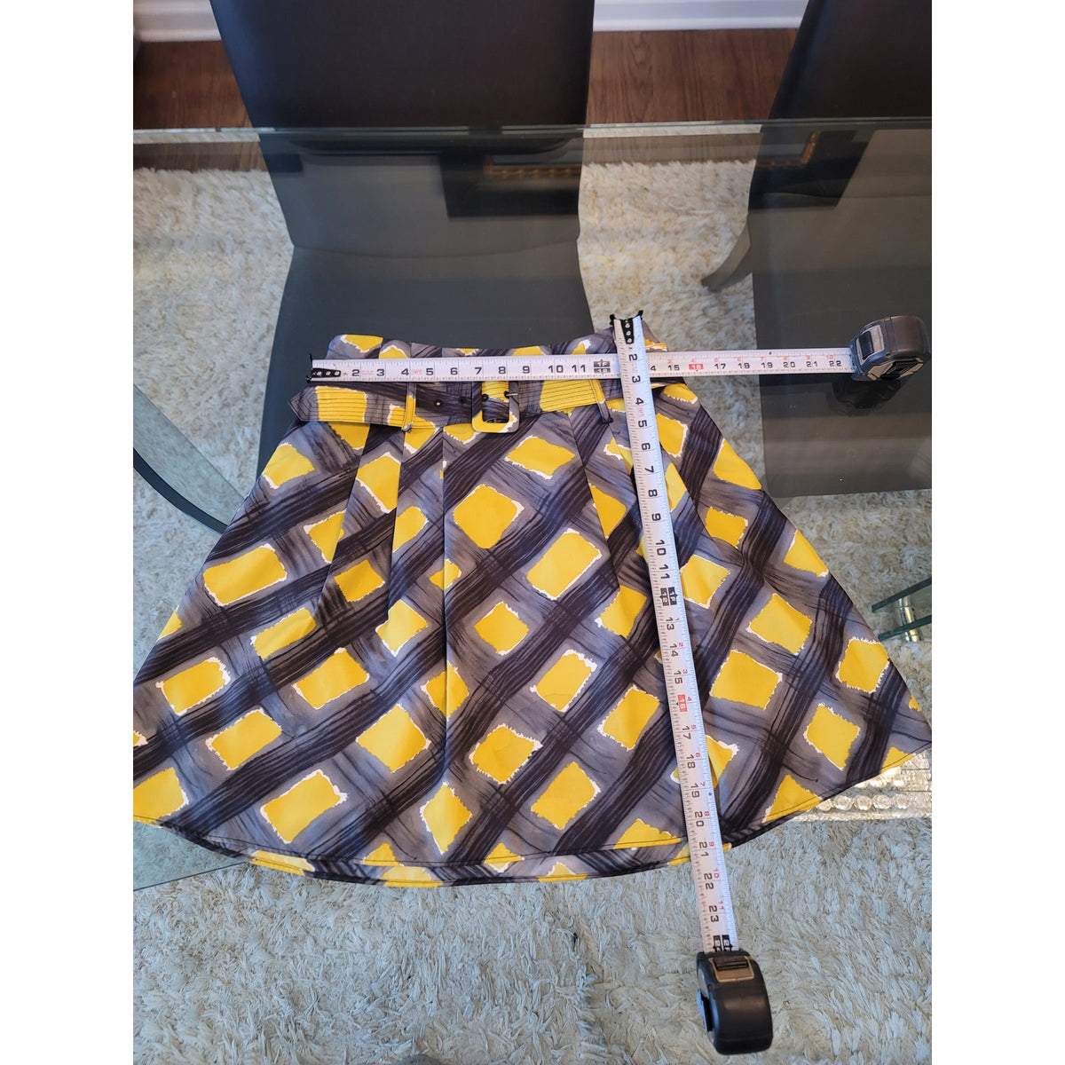 The Limited Belted Skirt Women's Small Yellow/Gray Brushstroke Plaid Pleated