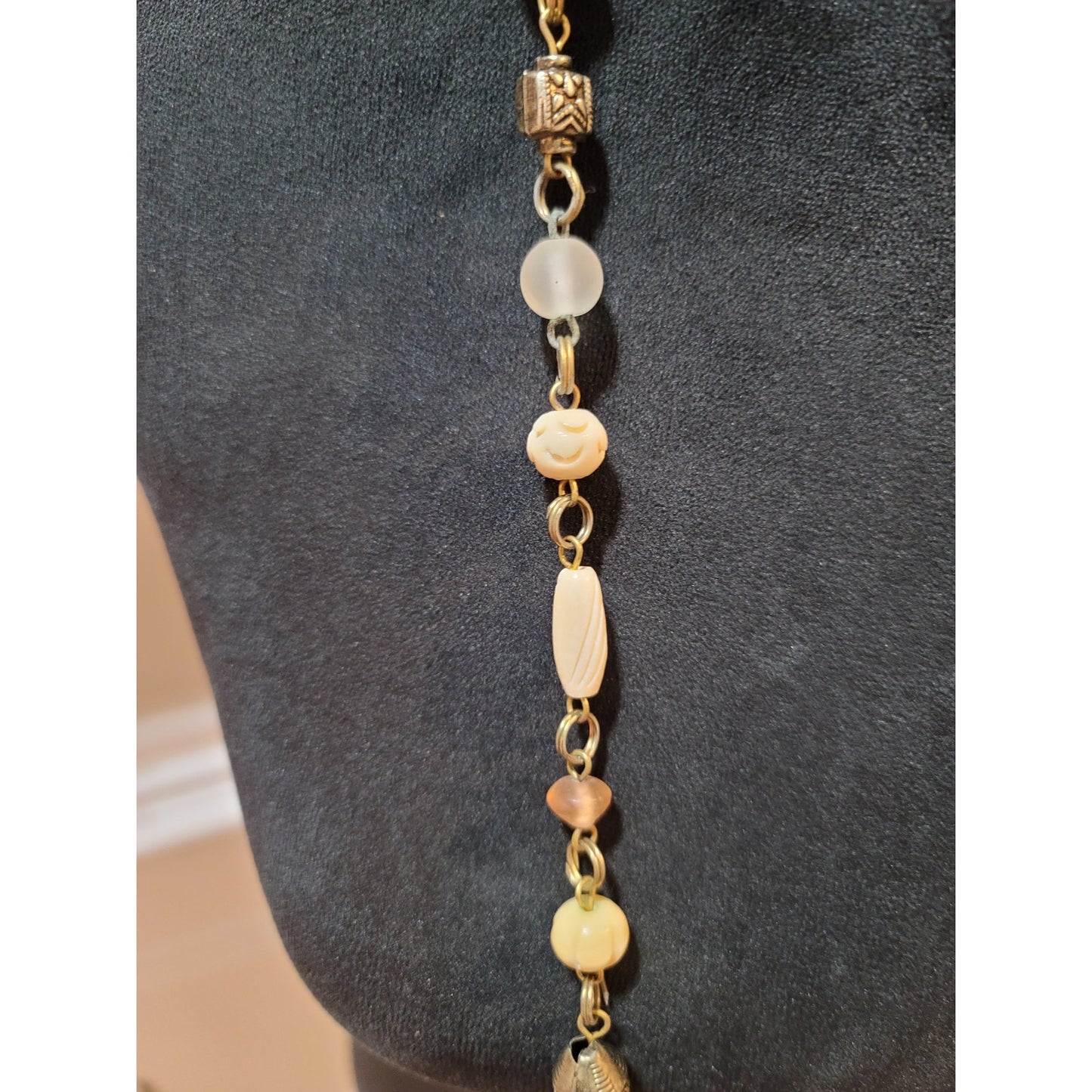 Women's Long Beaded Necklace With Ivory And Clear Beads Barrel Screw Lock