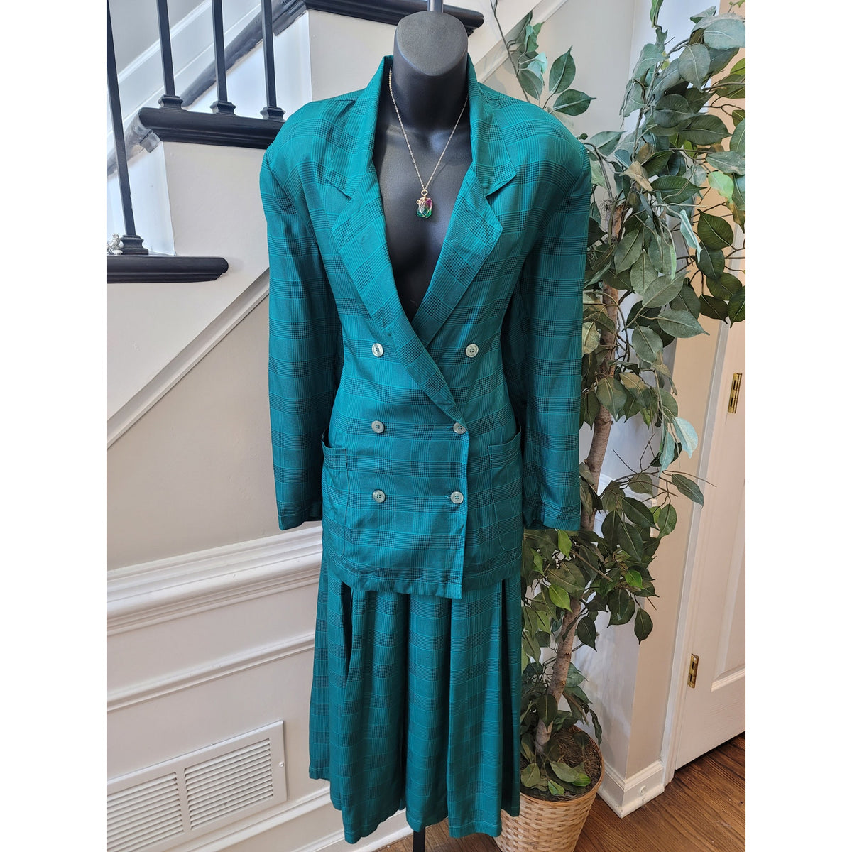 Vintage Silk Club Skirt Suit Medium Teal Green Houndstooth Plaid Blazer