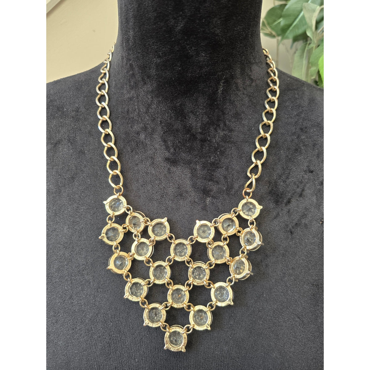 Gold Tone Clear Crystal Rhinestone Cascading Tiered Bib Necklace