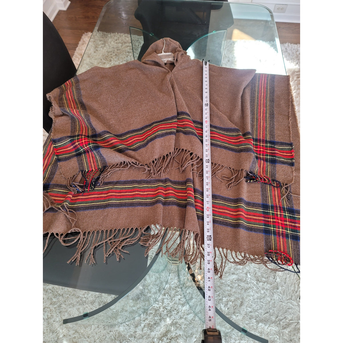 Do Everything in Love Poncho Cape Women's One Size Brown Tartan Plaid Fringe