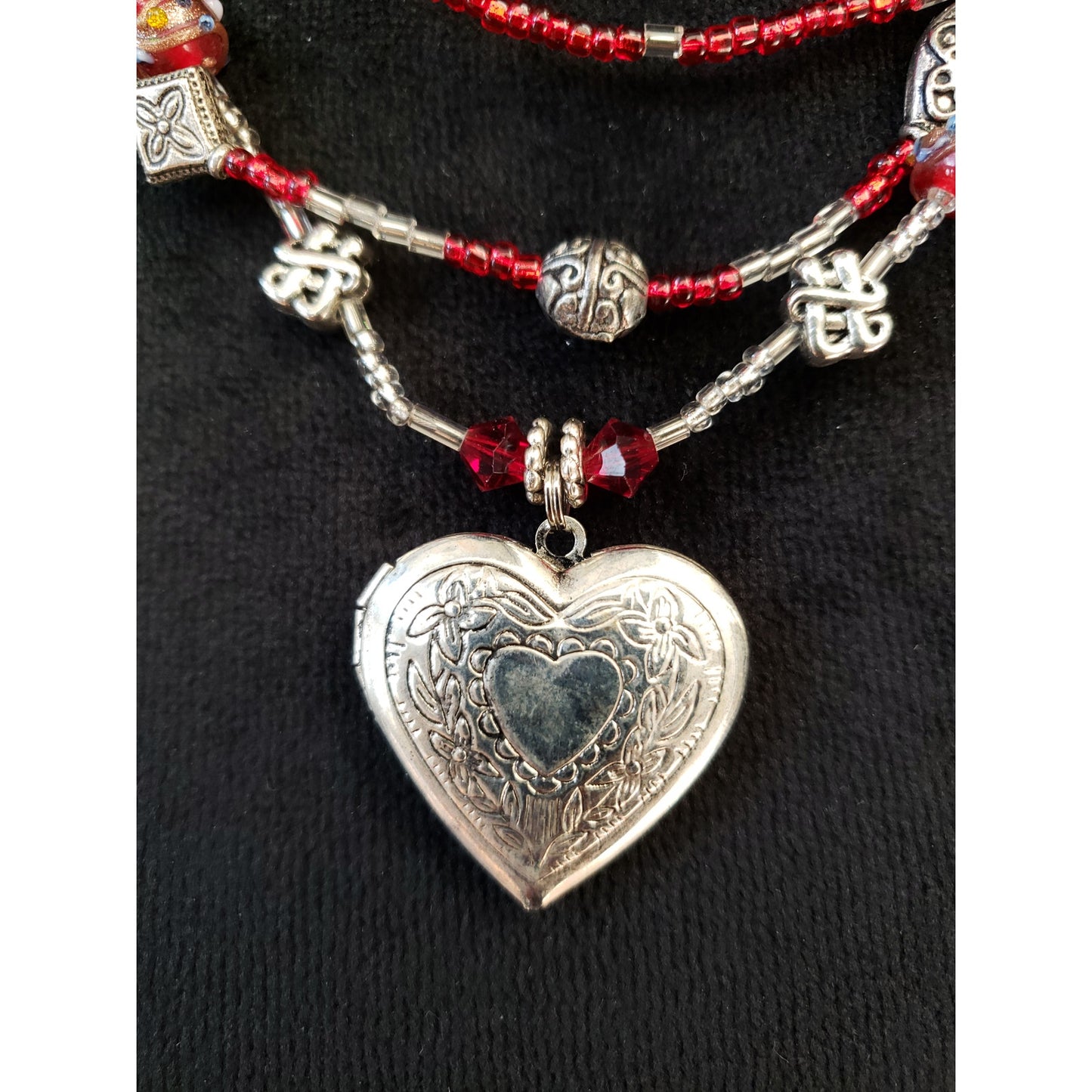 Red & Silver Tone Multi Strand Beaded Necklace Heart Locket Pendant Boho Style