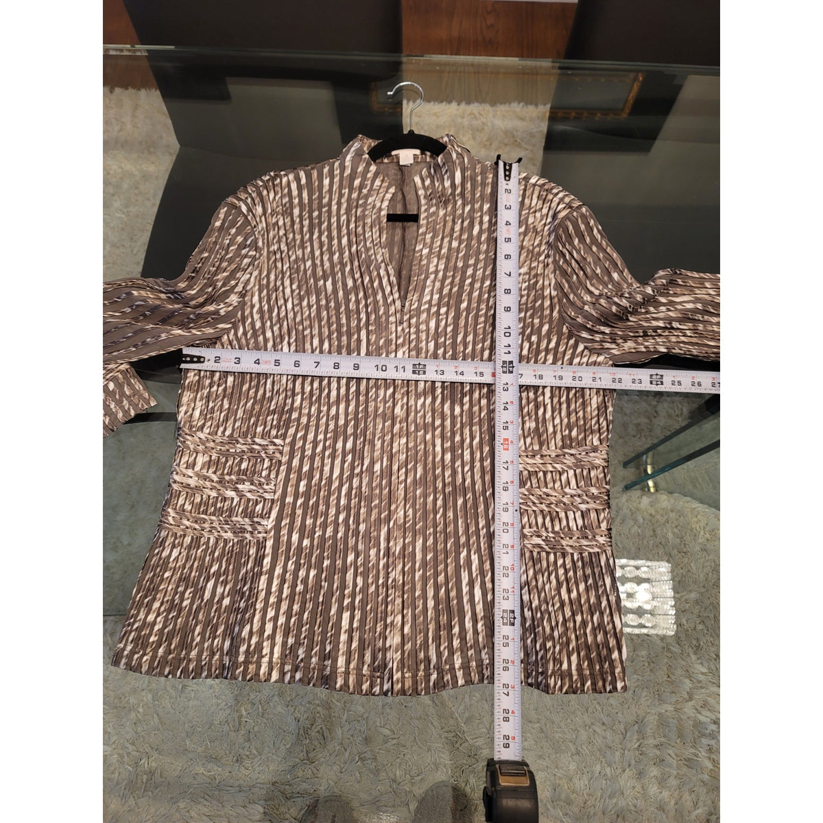 Chico's Jacket Womens SZ 3 Silver/Brown Striped Pleated Front Zipper long Sleeve