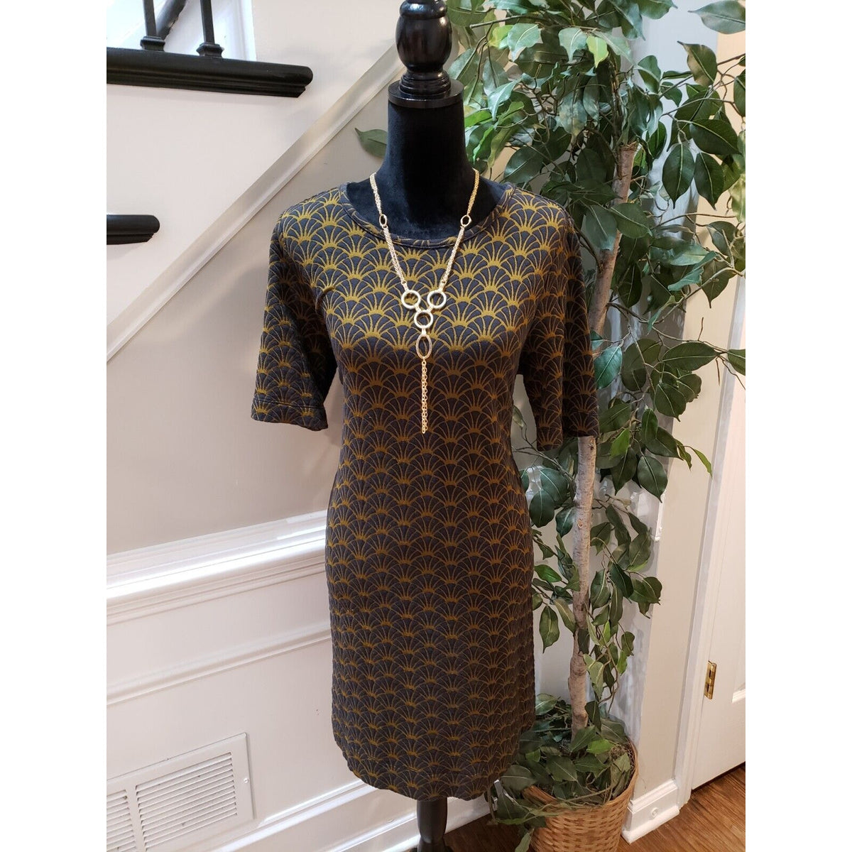 LOFT Women Navy Brown Geometric Short Sleeve Knee Length Shift Dress Size L