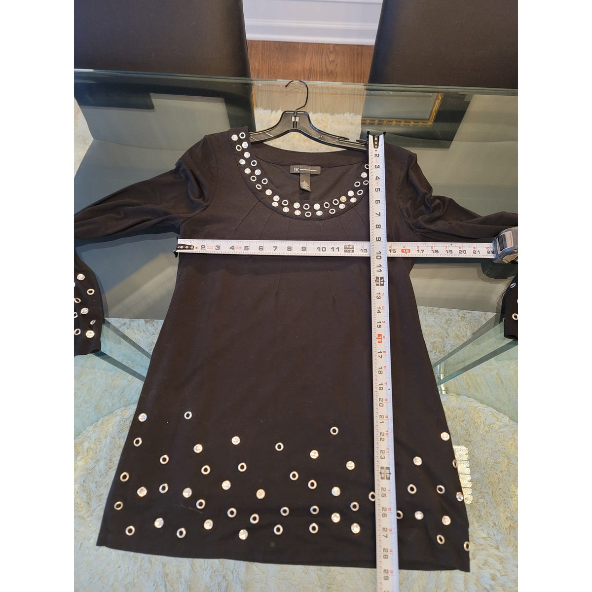 INC International Concepts Blouse L Black Rhinestone Grommet Embellished Scoop