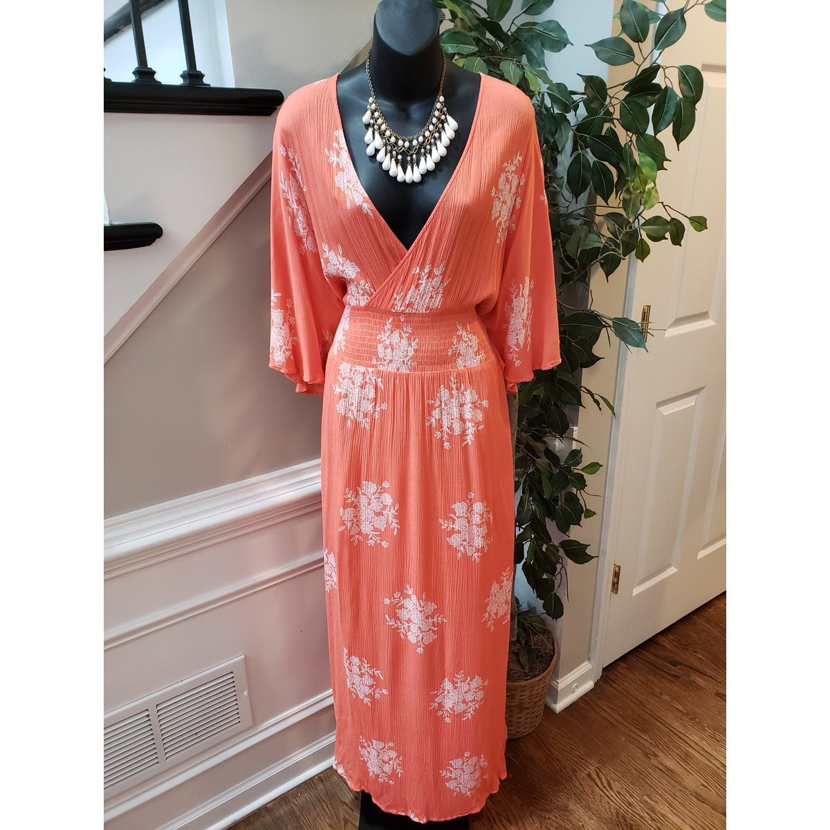 Oddi Long Maxi Dress Women's Size 2XL Orange Smocked Waist V Neck Kimono Sleeve