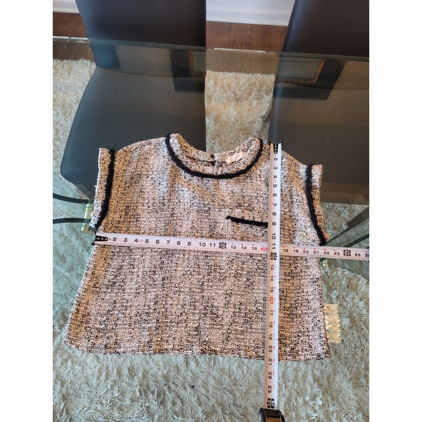 LOFT Short Sleeve Sweater Women Size M Black White Tweed Knit Blouse Workwear