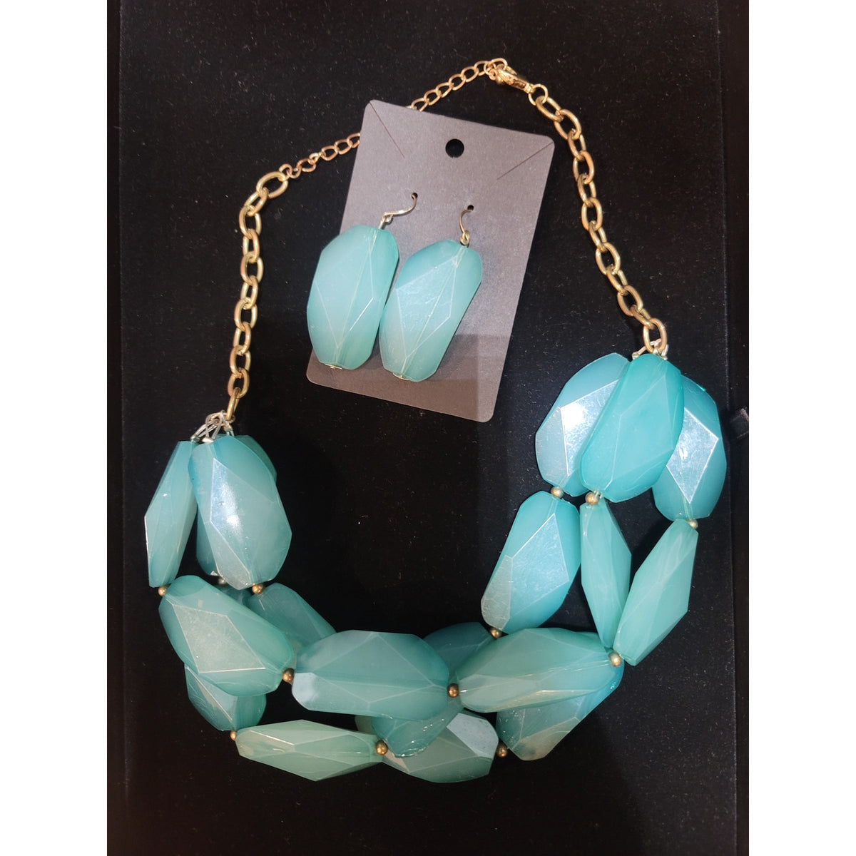 Women's Aqua Blue Faceted Bead Necklace Statement Jewelry Set Dangle Earrings