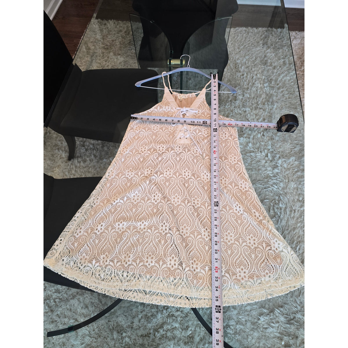 Love J A-Line Mini Dress Women's Large White Crochet Lace Grommet Tie Lined