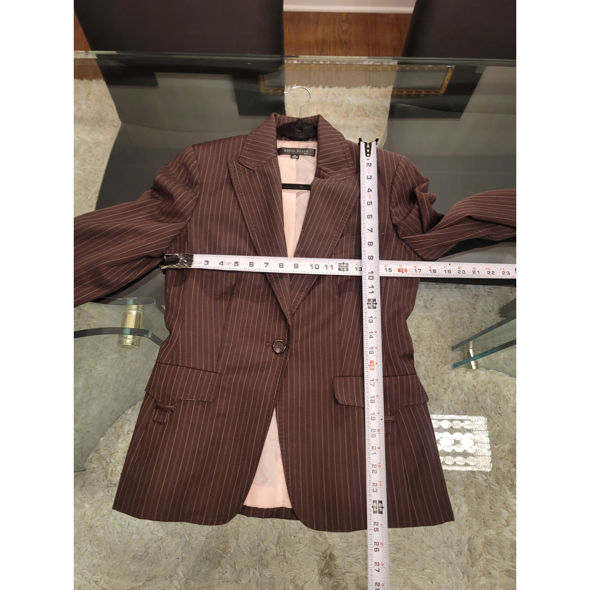 Anne Klein Pant Suit Women SZ 6 Brown Pinstripe Single Button Blazer Welt Pocket