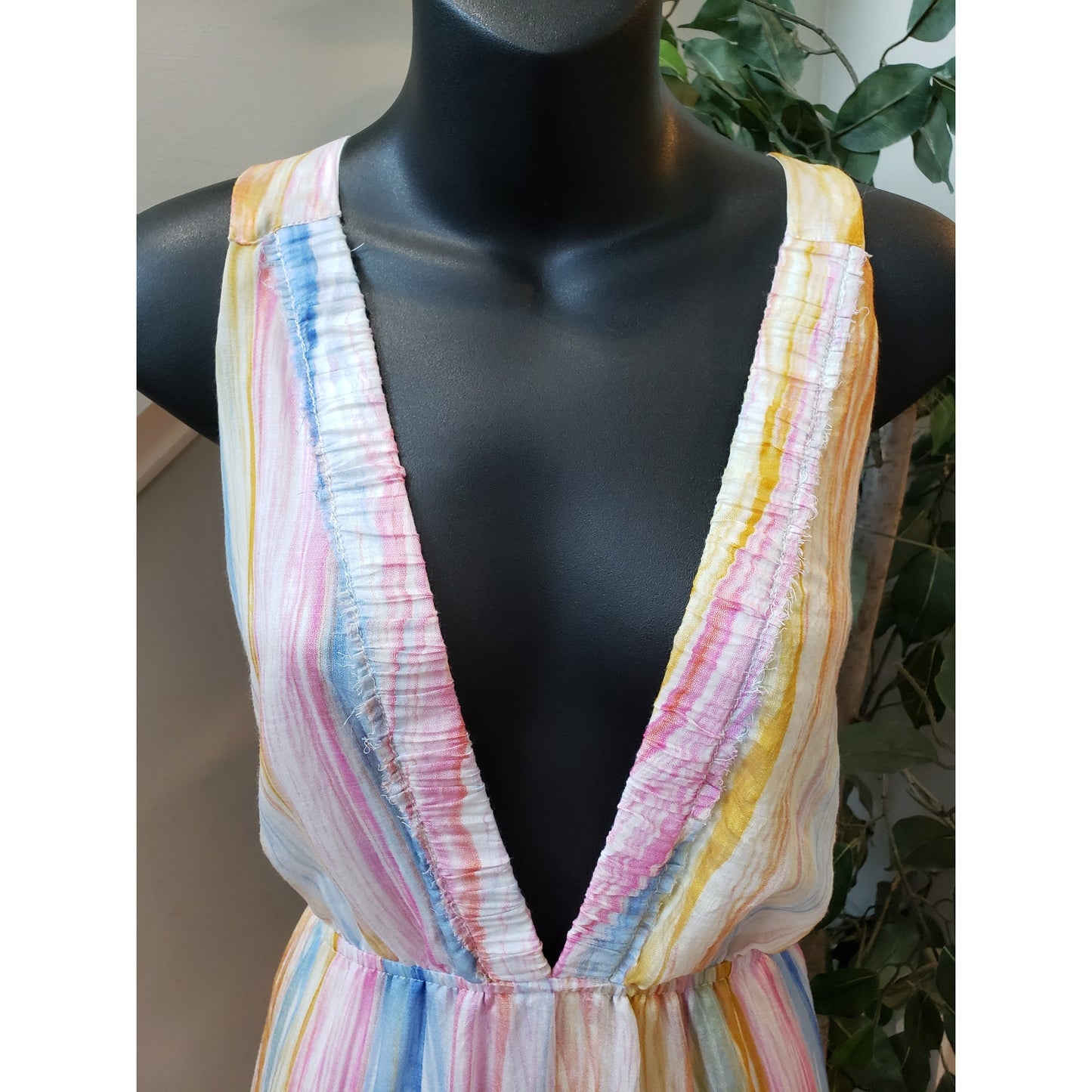 Fashion Nova Long Maxi Dress Womens S Yellow Combo Cinch Waist Tier Drop Stripe