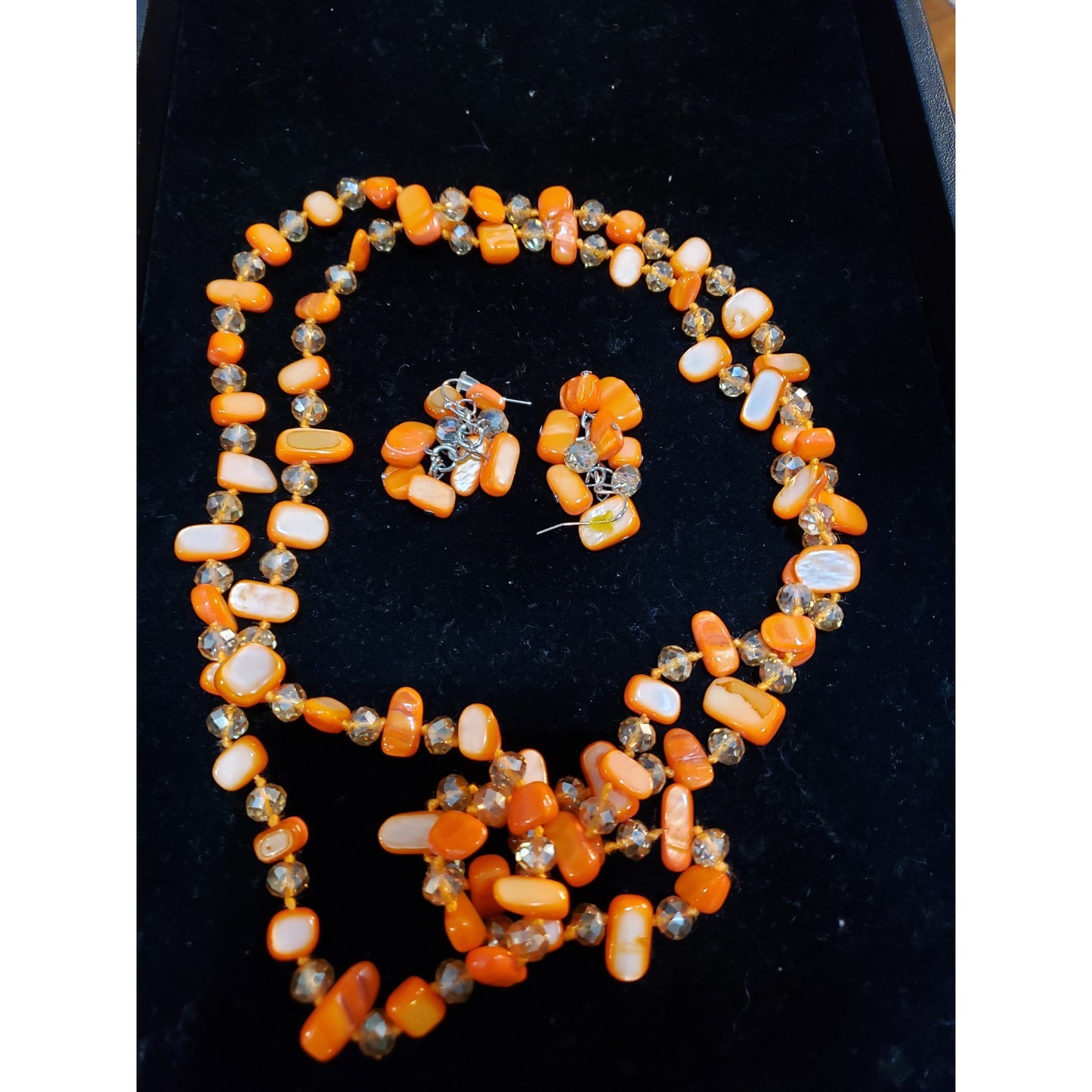 Women Fashion Coral Stones Faceted Glass Beads Long Necklace Jewelry w/ Earrings