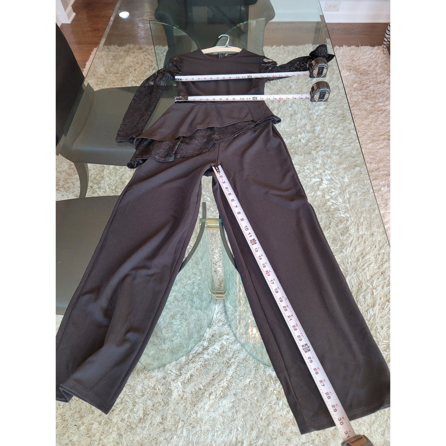 Women's Jumpsuit Small Black Lace Long Sleeve Asymmetrical Hem Wide Leg Evening