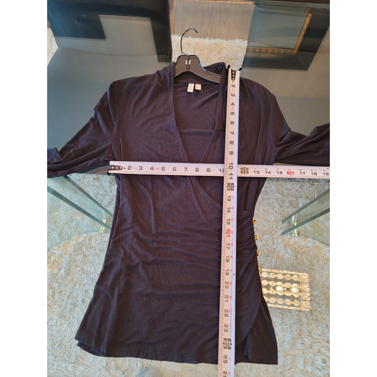 Madison Blouse Small Black Stretch Wrap V-Neck Long Sleeve Curved Hem Pullover