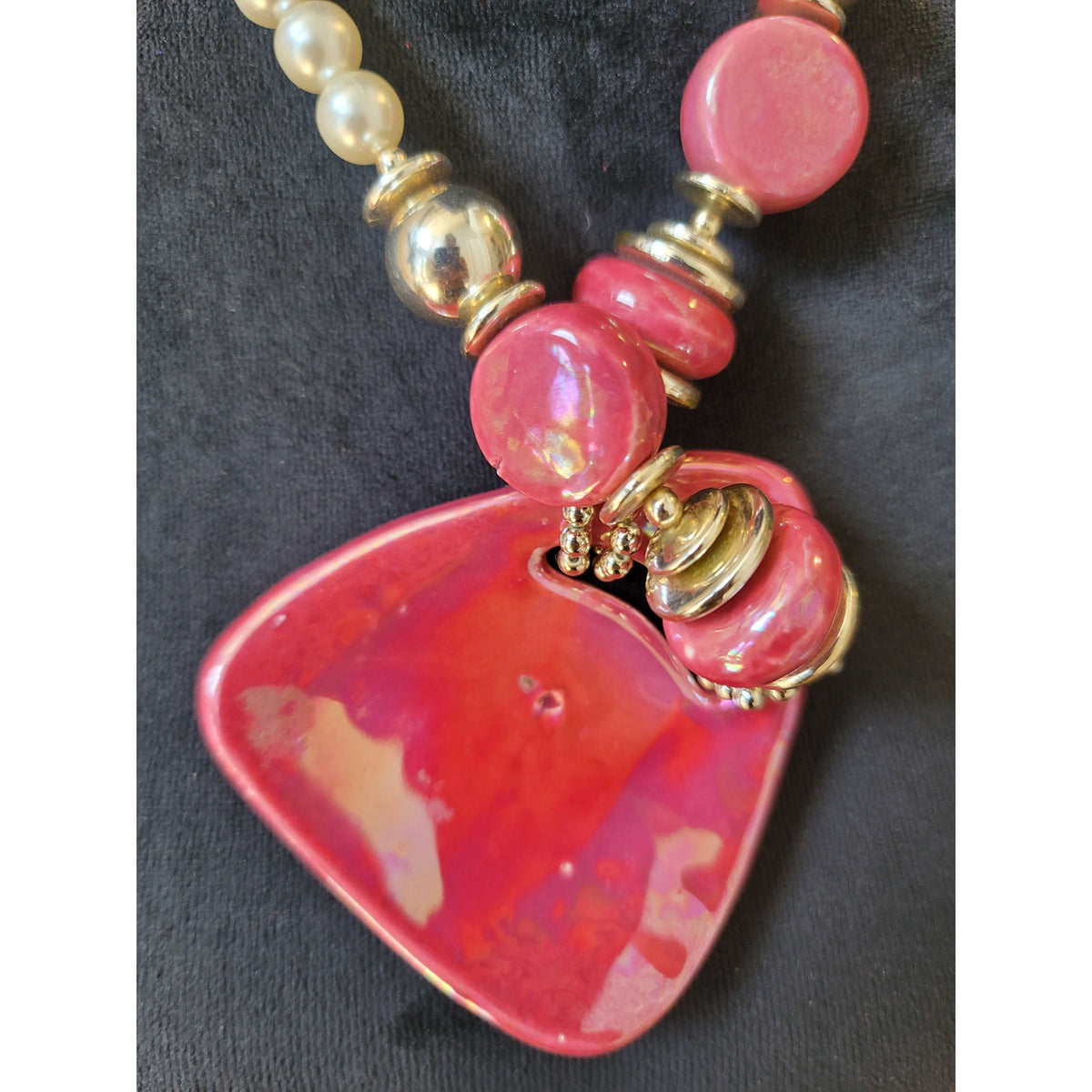 Women's Pearl And Red Pendant Necklace Statement Beaded Fashion Jewelry