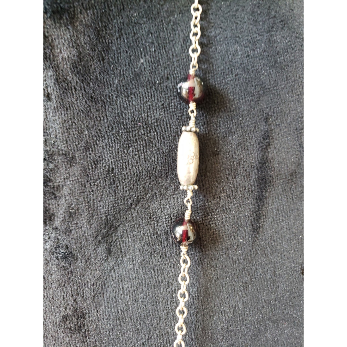 Women Long Beaded Necklace Garnet Amethyst Green Agate Silver Tone Chain
