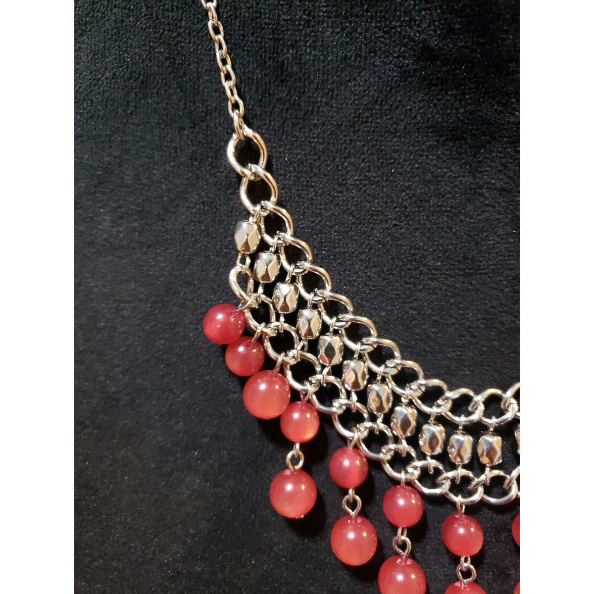 Women Silver Tone Necklace with Red Beads and Dangle Accents Jewelry