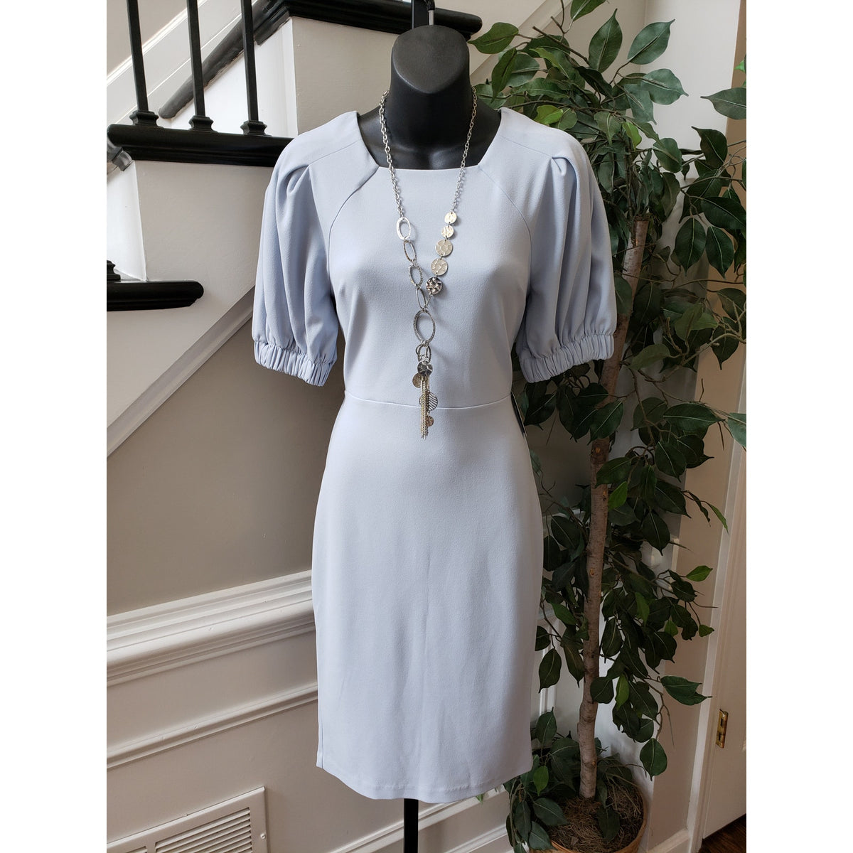Express Sheath Dress Womens XS Blue Polyester Puff Sleeve Square Neck Back Zip